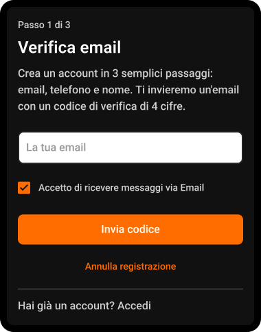Passaggio 4: Inserisci e-mail e clicca Inviami il codice