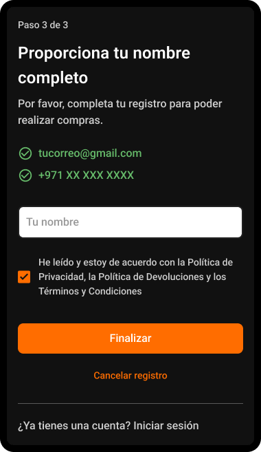 Paso 8: Nombre y aceptación de políticas