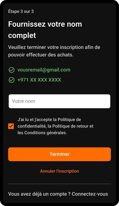 Étape 8: Entrez votre nom et acceptez nos politiques