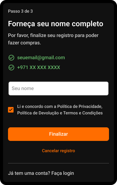 Passo 8: Insira seu nome e aceite os termos