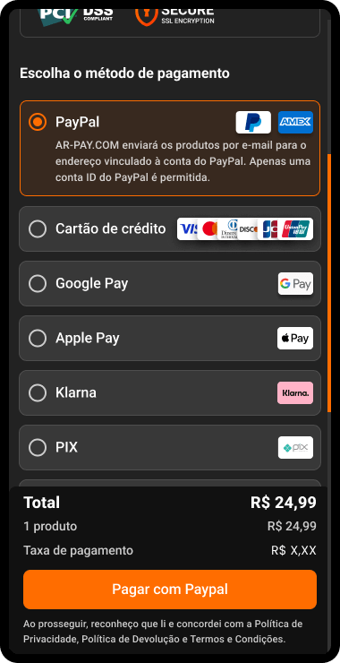 Passo 4: Escolha o método de pagamento e realize o pagamento.