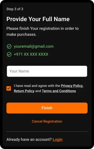 Step 8. Enter your Name, read and agree to our policies.