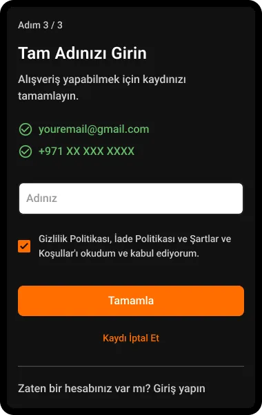 Adım 8: Adınızı girin, politikalarımızı okuyup onaylayın.