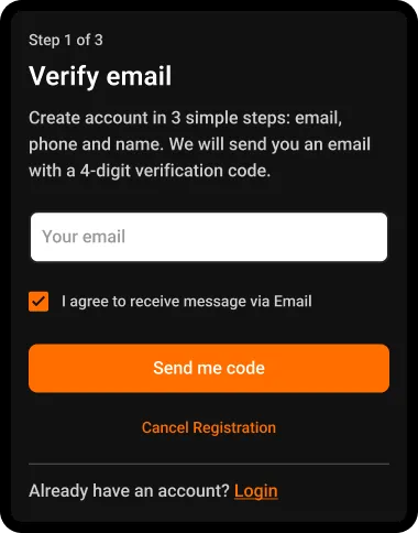 Step 4. Enter a valid Email, mark the checkbox and click on the “Send me code” button.