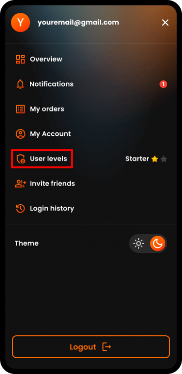 How to Verify your Identity and Increase Your Purchase Limits on AR-PAY - Step 1. Click on your Account - Step 2. Select User levels